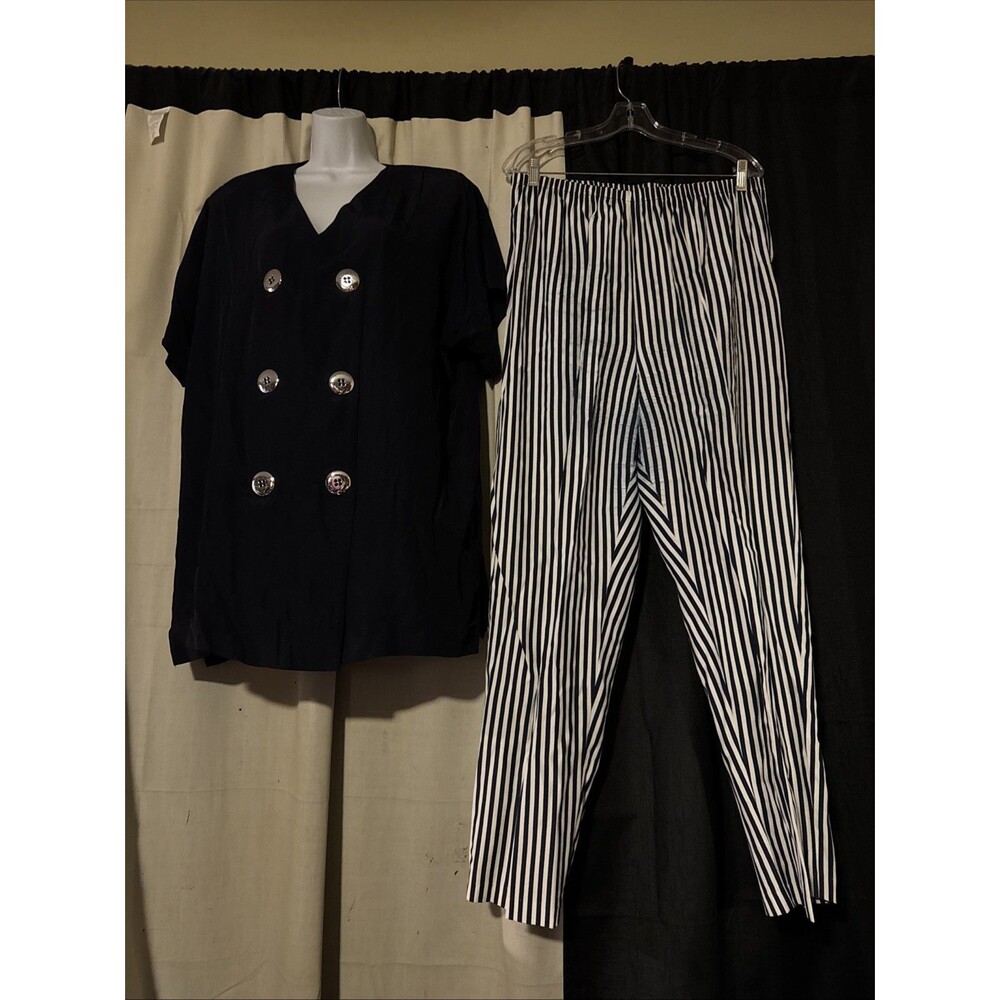 Vintage 90s DE Frantoria Pantsuit With Shoulder Pads Set Navy Blue White Size 18